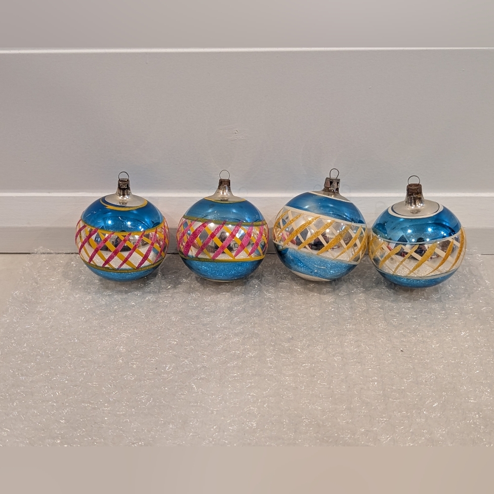 4 Vintage Polish Blue & Multi-Color Lattice Glass Christmas Ornaments